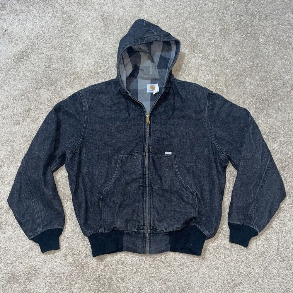 Vintage Carhartt Black Denim Jean Jacket Hoodie Plaid Lining JF885 Size Large - Picture 1 of 5